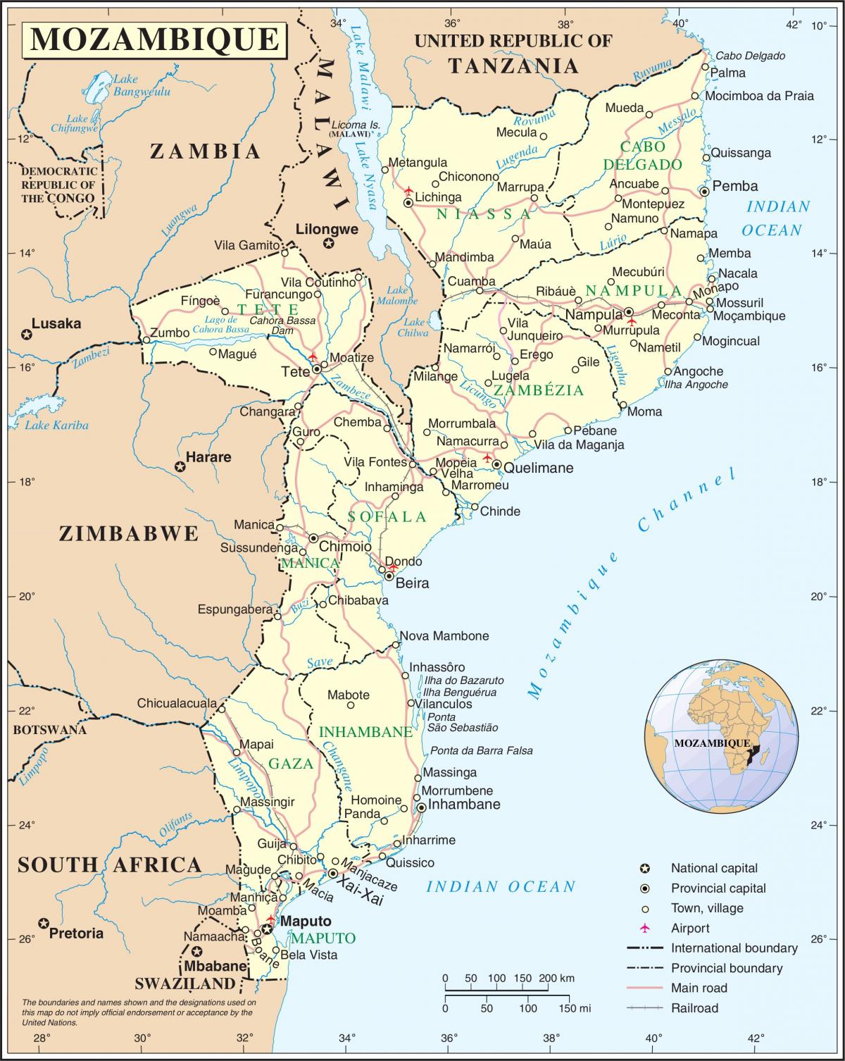 аеродроми во Мозамбик на мапа