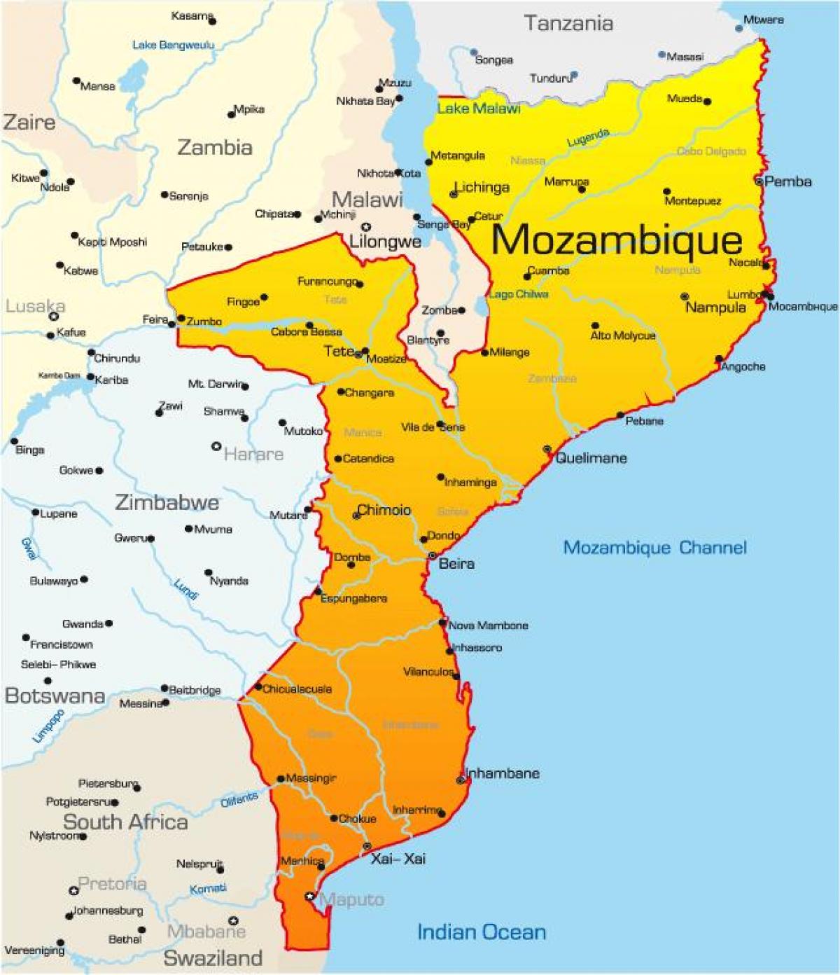 карта на Мозамбик мапата со растојанија